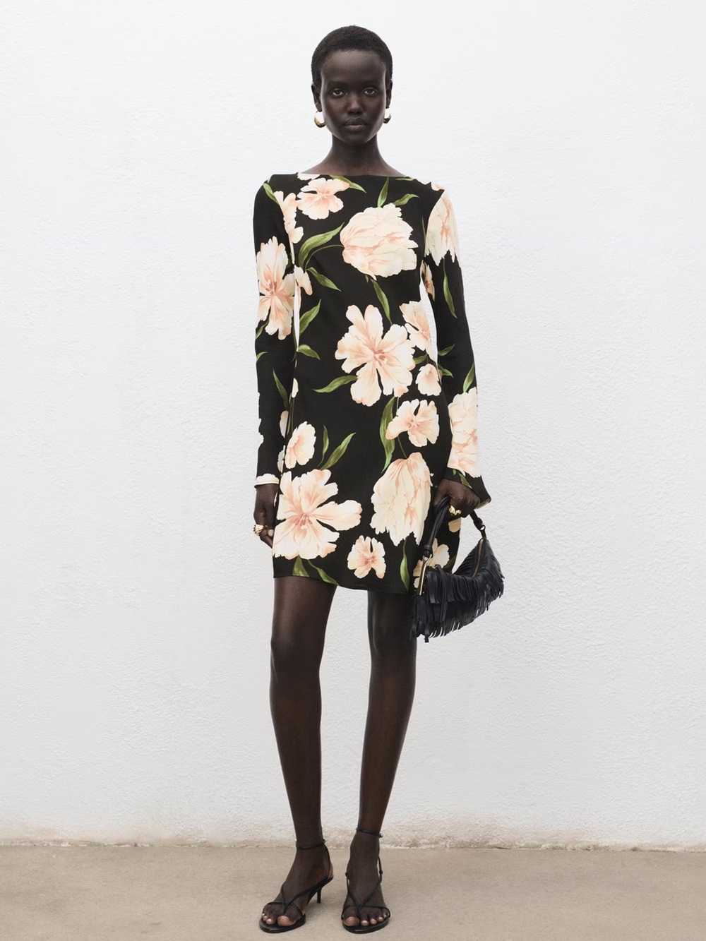 Mango Black Floral-print dress with bell sleeves NWT